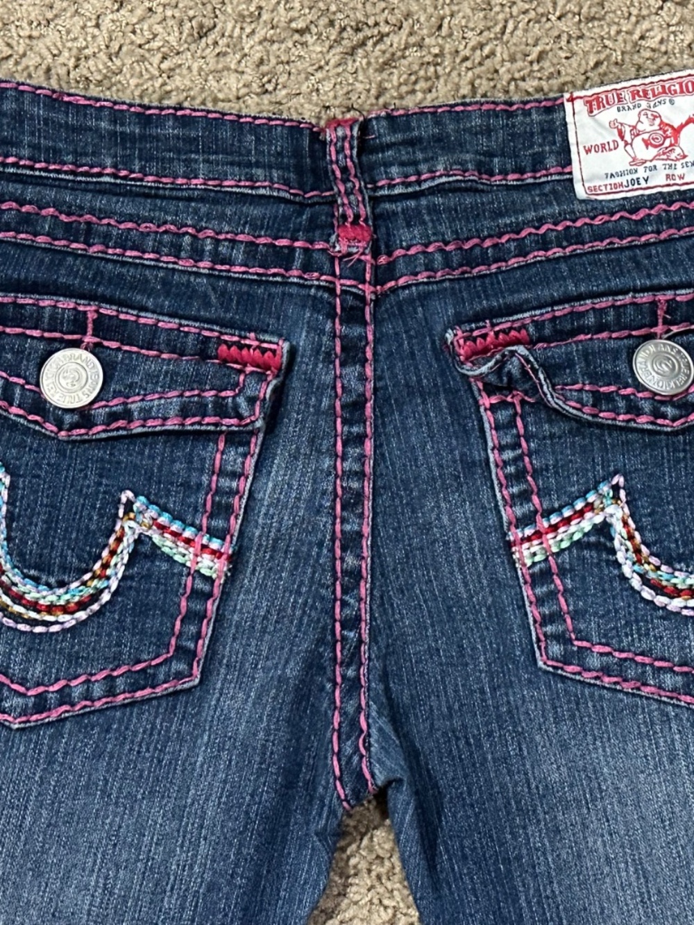 HTF True Religion JOEY Pink Stitch & Rainbow Embroidered Jeans Size 31 - Picture 2 of 7